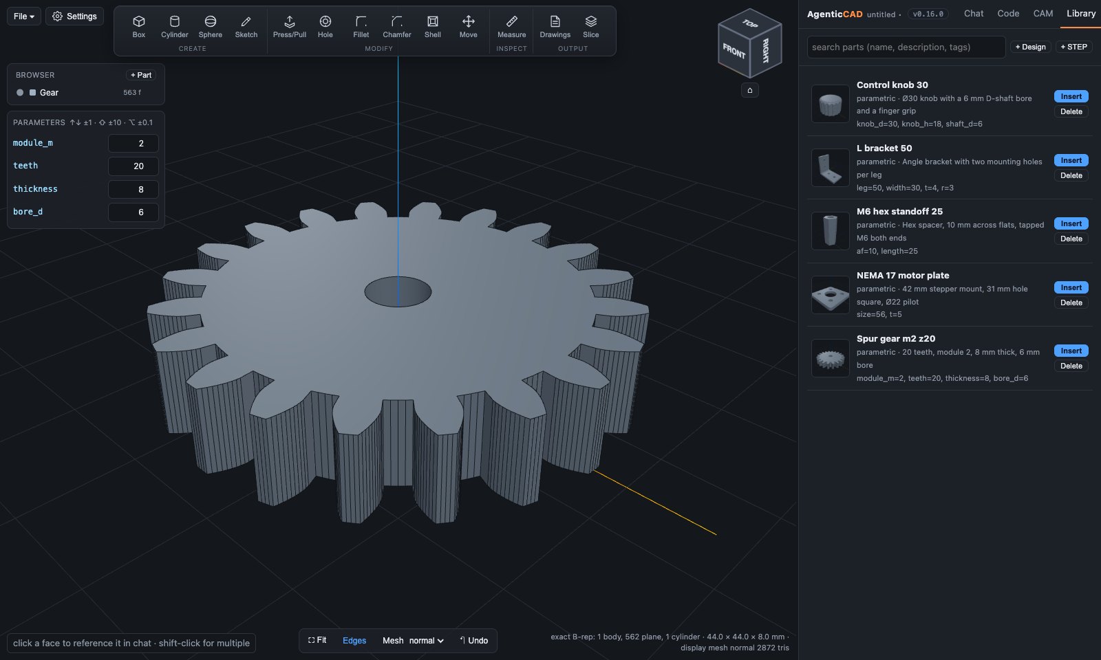 Part library tab with parametric parts and thumbnails