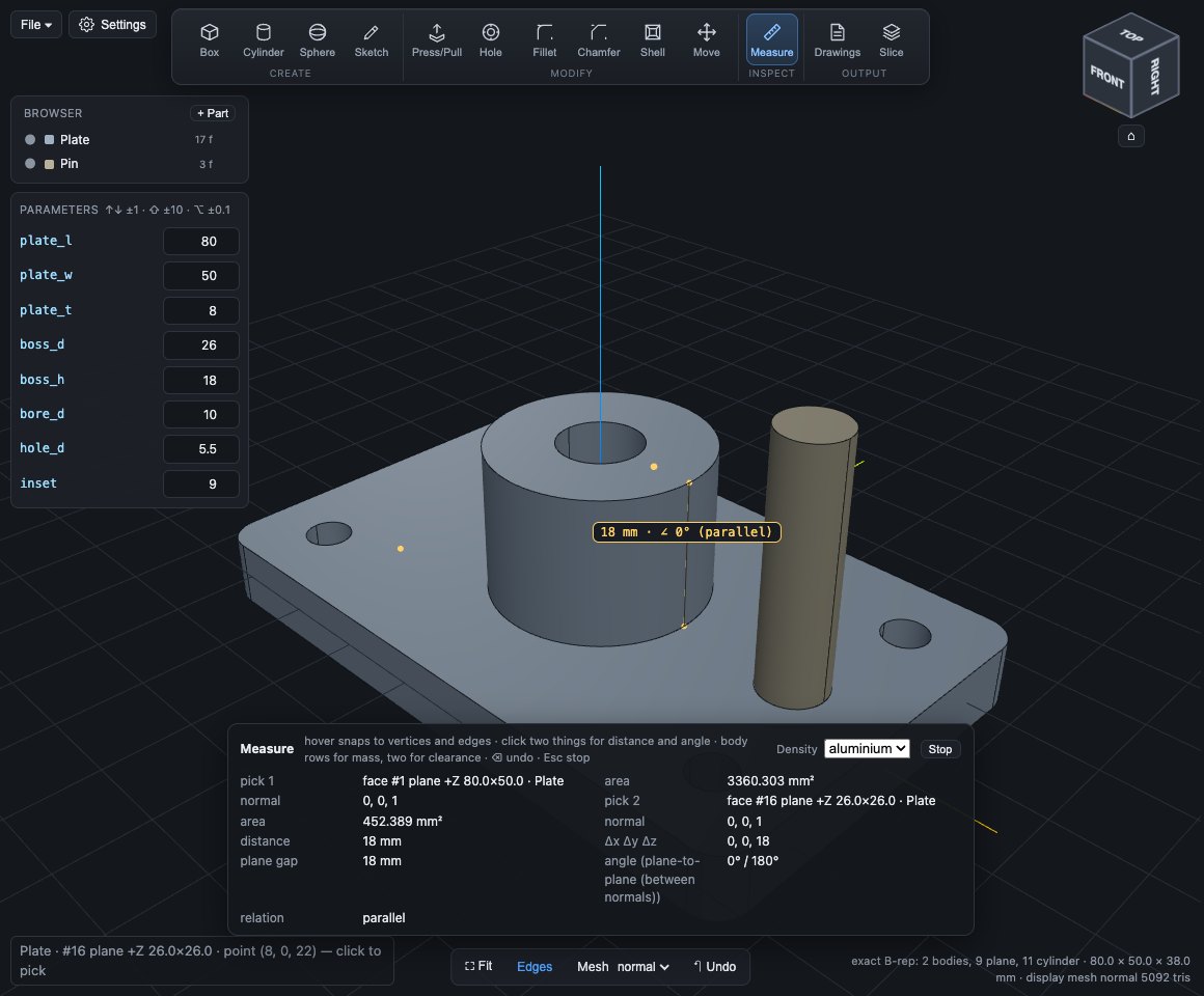 The Parameters card under the Browser and a live measurement between two faces